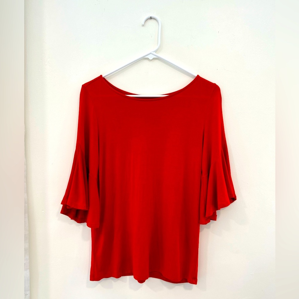Loft Boat Neck Circular Flounce Sleeve Top Blouse Red Women’s Medium
